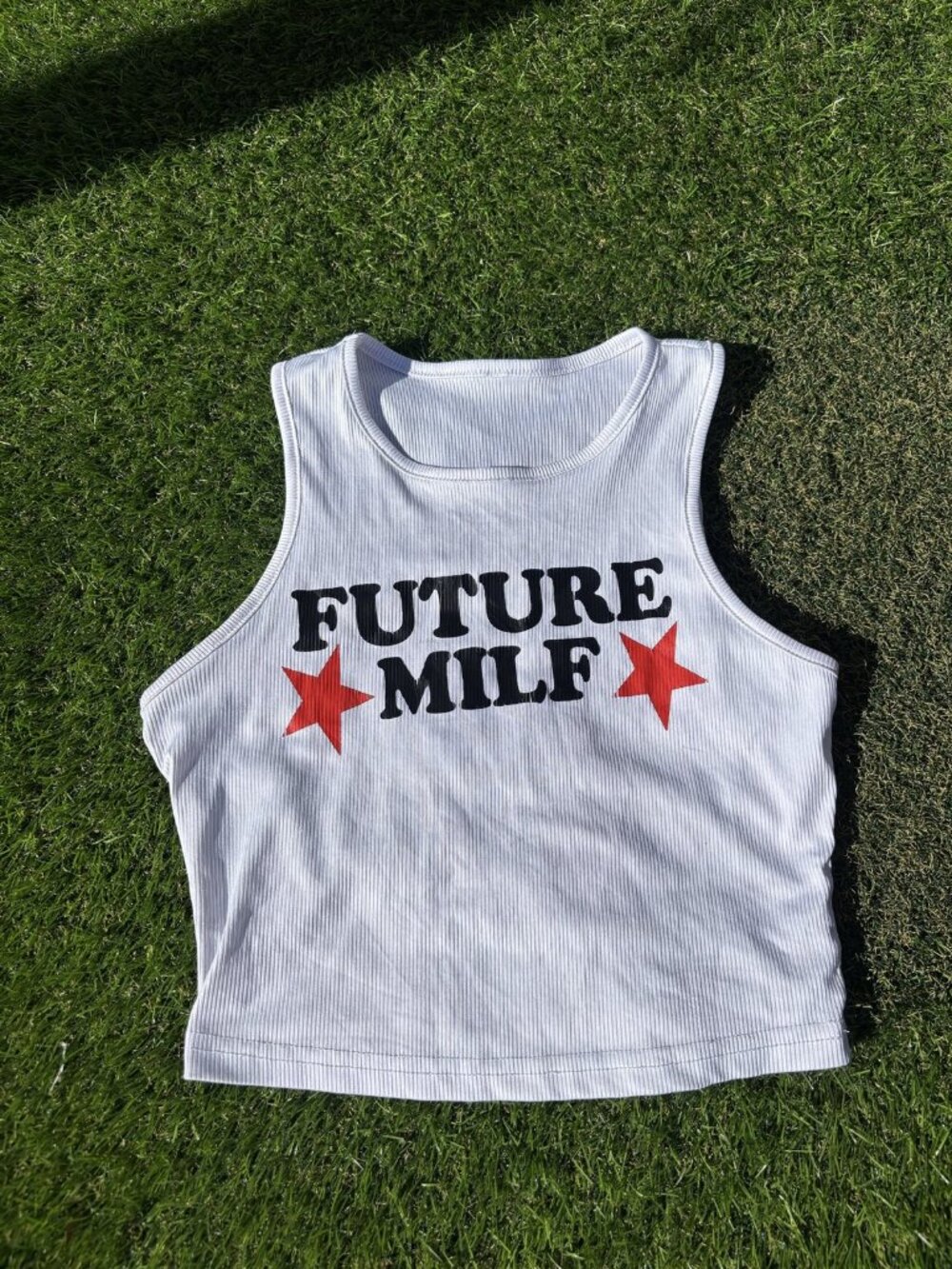 Y2K Future MILF Slogan White Ribbed Crop Baby Tank Top S